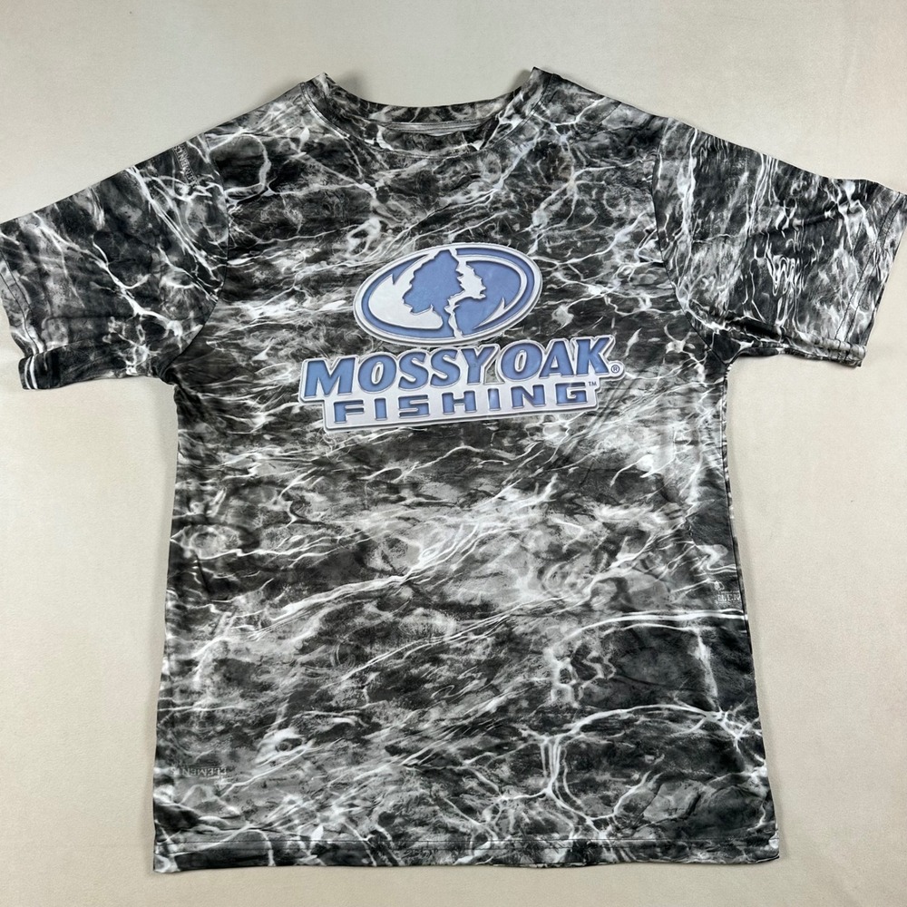 Mossy Oak Fishing Elements Agua Shirt Men's M Water Camo Blue Logo Polyester
